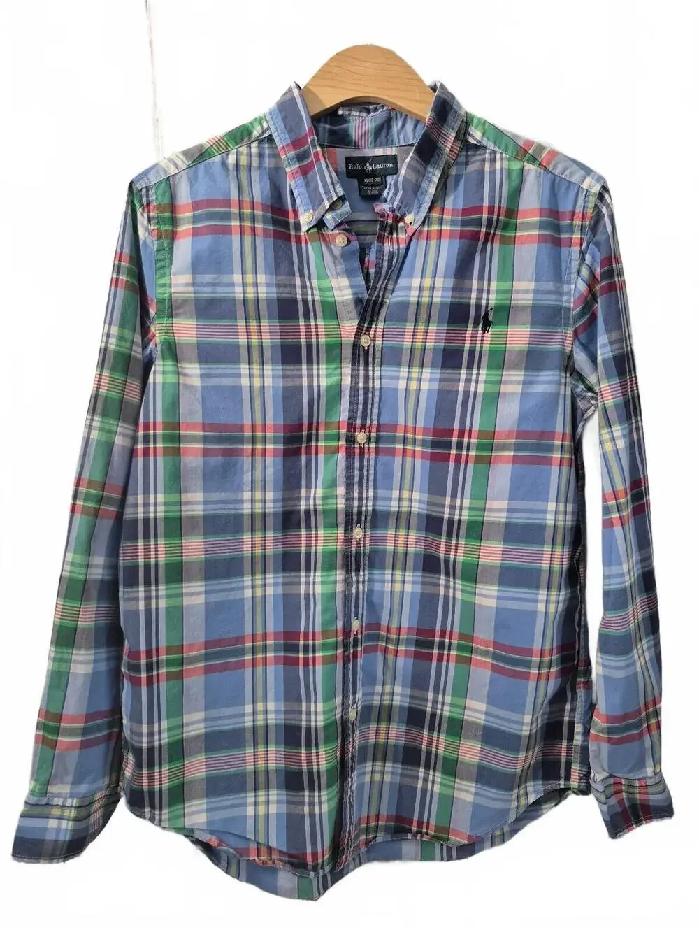 Ralph Lauren 100% Cotton Blue Plaid Button-Down Shirt In A Youth Size 18-20. Fea